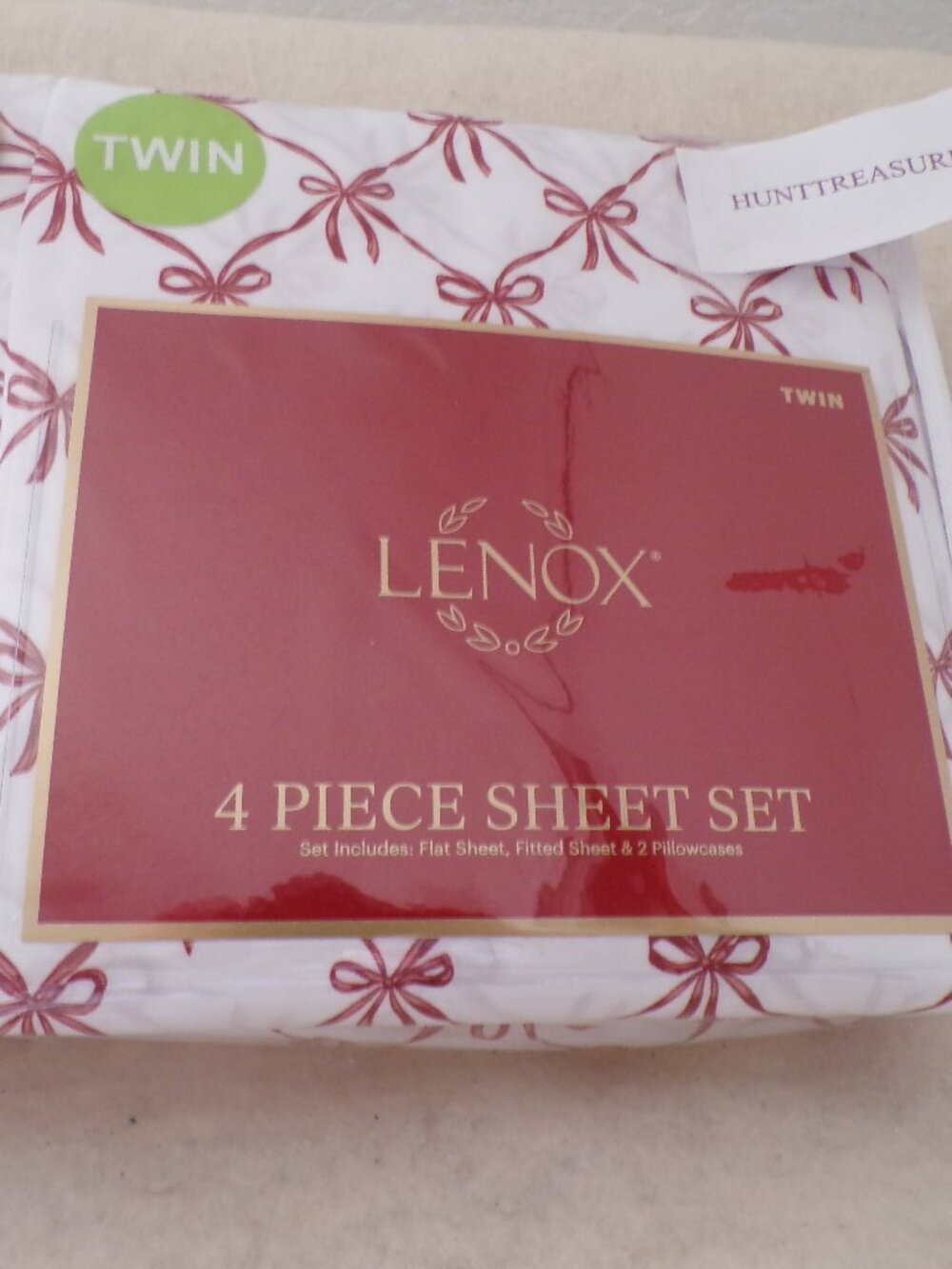 Lenox Sheet Set Twin Red Bows Silky Soft 4 Pieces 2 Pillowcases New Christmas
